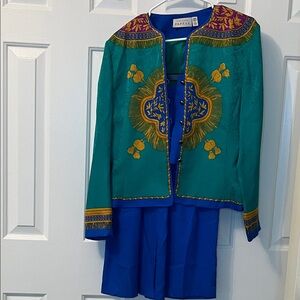 Adrianna Papell Vintage Silk Printed Buttoned Blouse and Skirt Set Size 10